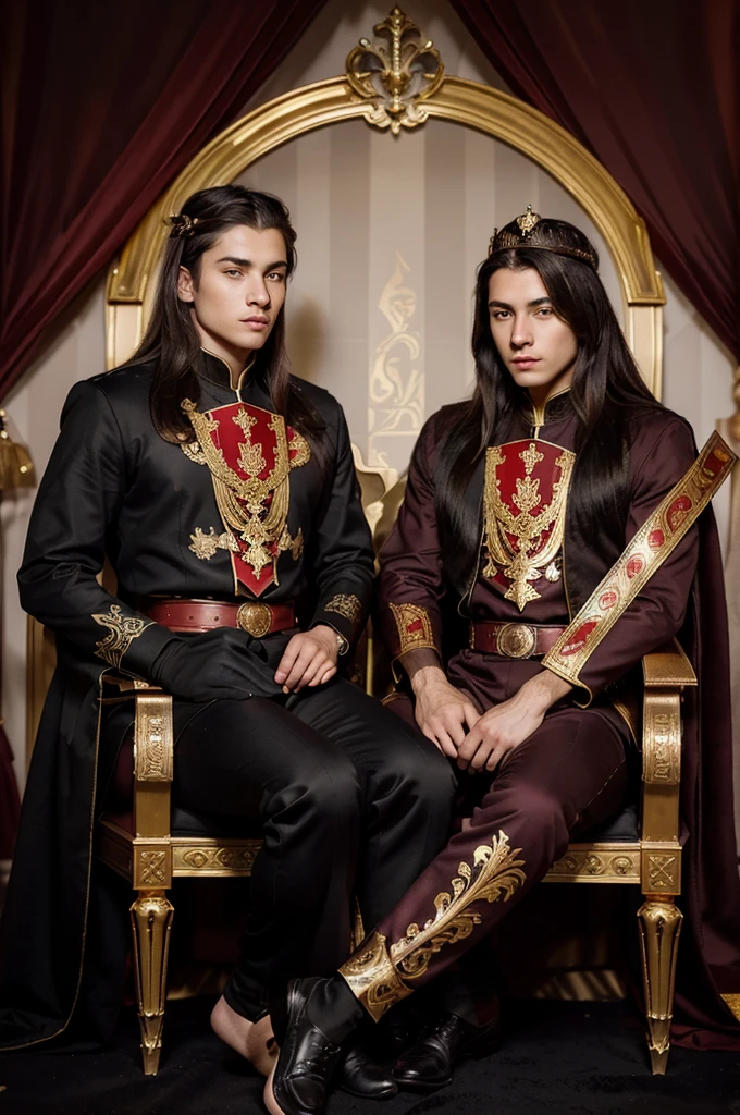 Impeccably detailed image in black, red and shades of gold, photo with graphic heraldry art elements. Harmonious body of a young man sitting on a throne, two young men with beautiful bodies on both sides holding a crown over his head - coronation theme