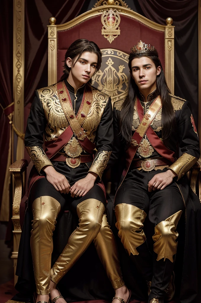 Impeccably detailed image in black, red and shades of gold, photo with graphic heraldry art elements. Harmonious body of a young man sitting on a throne, two young men with beautiful bodies on both sides holding a crown over his head - coronation theme