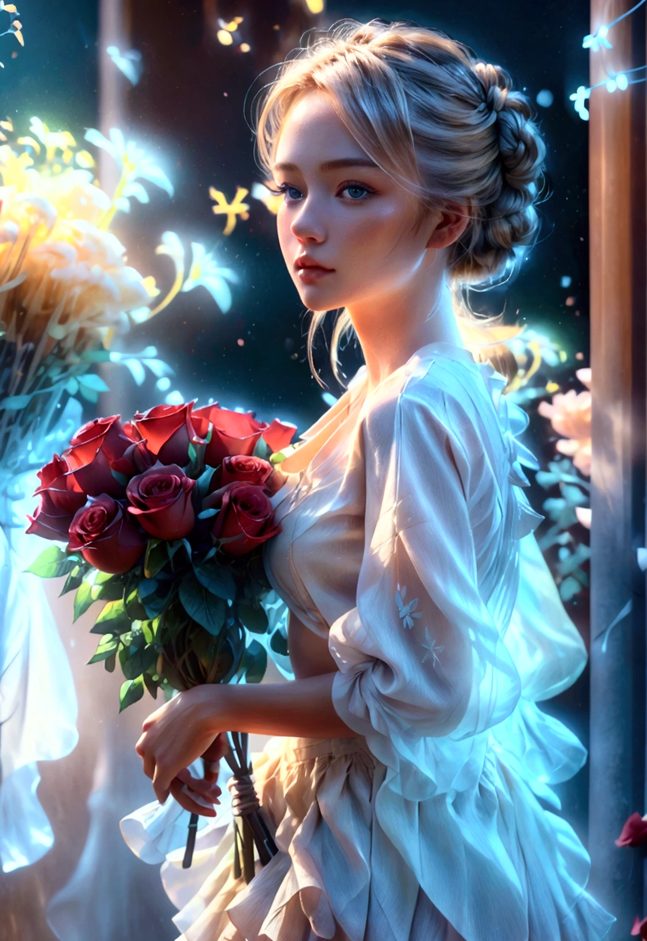 Detailed portrait of a beautiful woman walking down the street holding a bouquet of red roses, happy expression, Her blonde hair is tied up in a messy bun, (casual wear: 1.1), white t shirt, Long skirt in flowing summer material, high heels and sunglasses on head. , Flowers on the background, store, outdoor, sunny day, (best quality, 4K,8k, high resolution, masterpiece:1.2), very detailed,(realistic, photorealistic, photorealistic:1.37),HDR,uhd, studio lighting, Ultra Fine Painting, sharp focus, Physically Based Rendering, high detail, professional, vivid colors, bokeh, portrait