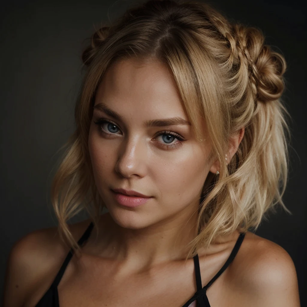 Cree moi une jeune femme blonde de facon realiste elle est entrain de faite une photo avec son telephone devant jn mirroir