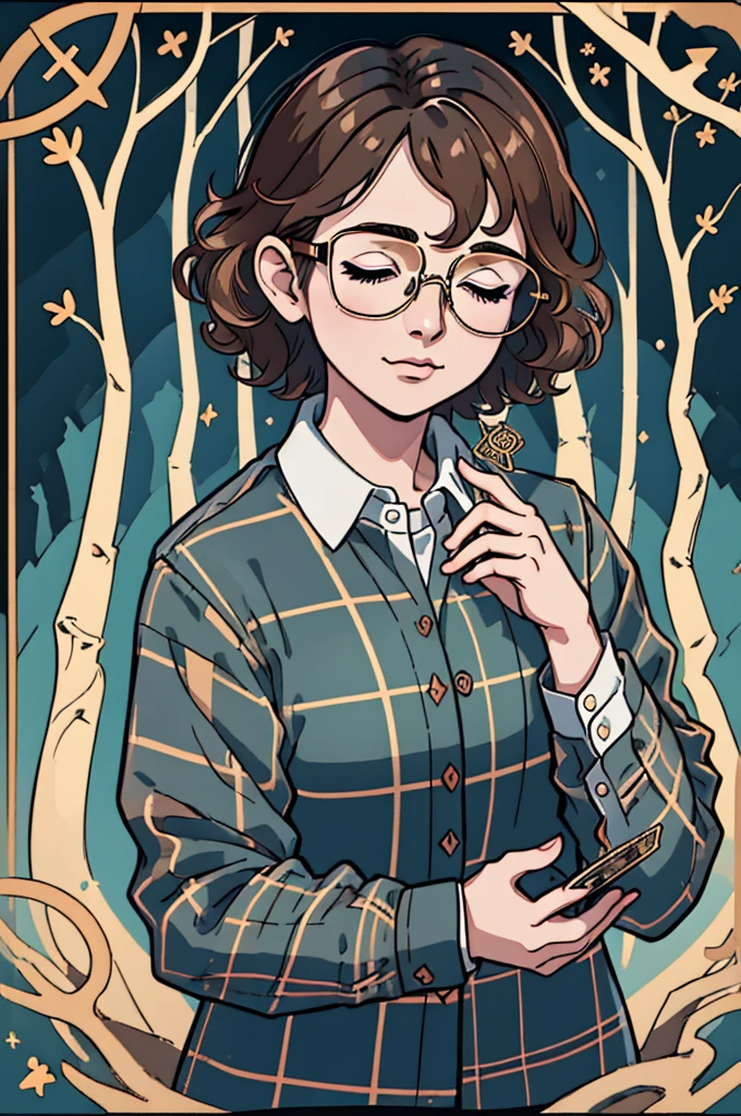 tarot, card, bzl_test, short curly brown hair, glasses, flannel shirt, forest background, closed eyes || masterpiece, perfect quality, sharp focus, shallow depth of field, 8k