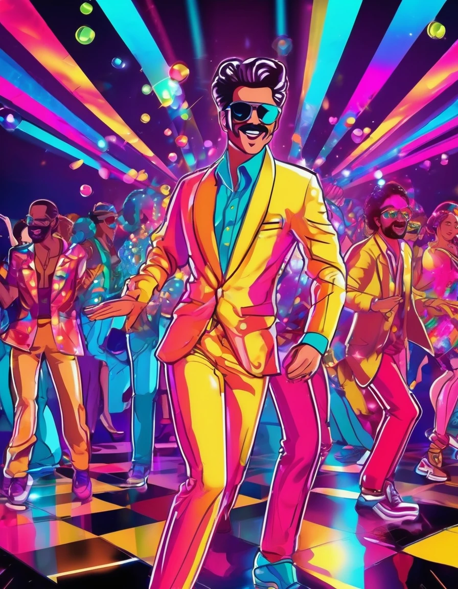 (80s cartoon) vintage disco party, people dancing, male DJ in the background, **disco balls** with light sheen, **Hed Kandi style**, vibrant colors, neon lights, glittering outfits, energetic atmosphere, joyful and lively mood, classic 80s fashion, colorful and detailed background, ultra-detailed 4K, high-quality, dynamic poses and expressions, eye-catching and immersive scene, rich and contrasting hues, **party vibe**