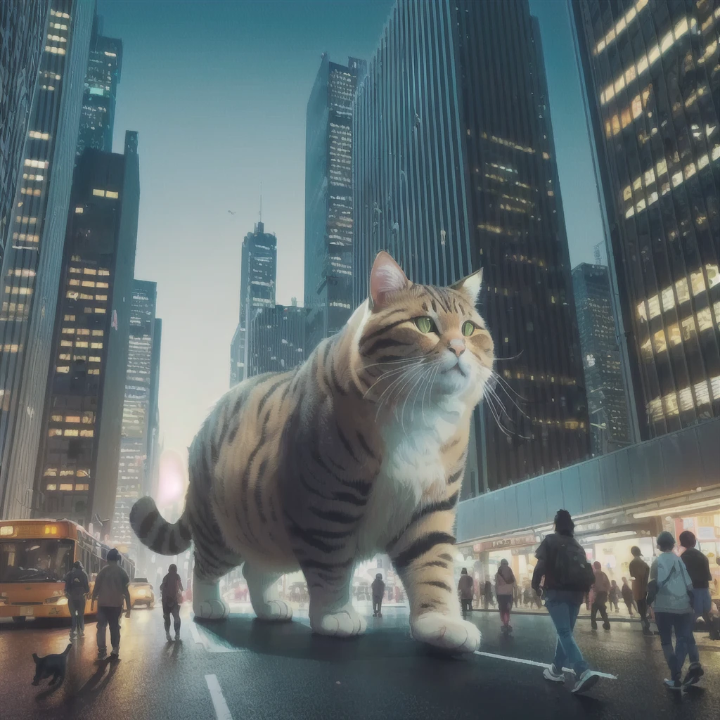 there is a cat that is walking across the street in the city, inspired by Chris LaBrooy, fat cat superhero, giant cat monster, chonker cat, by Chris LaBrooy, cat attacking tokyo, 3 d epic illustrations, beeple. hyperrealism, hyperrealistic 3d digital art, hyperrealistic 3 d digital art, fat cat