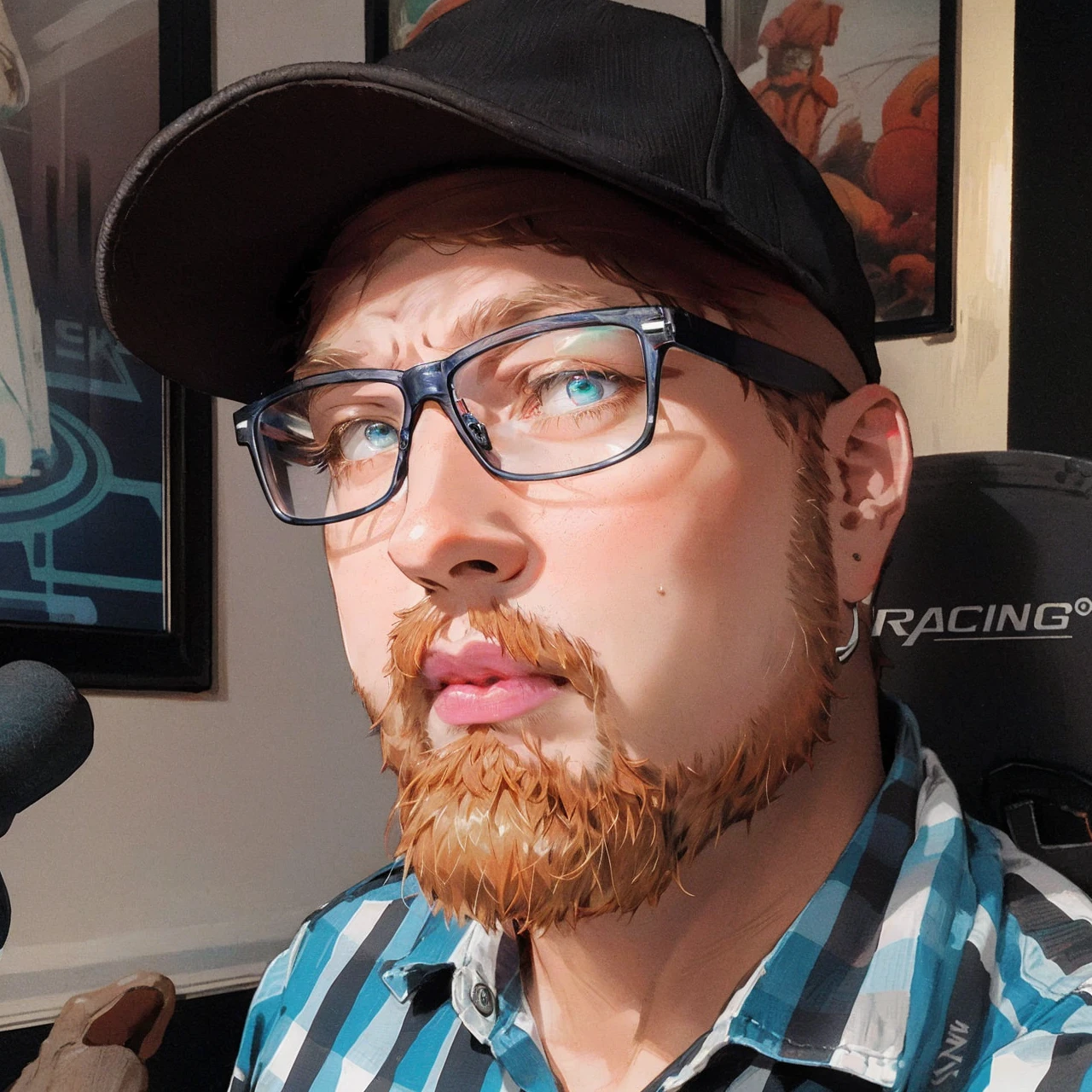 upper body, happy male streamer, small red beard, ginger beard, black ball cap, thick frame glasses, colorful clothes , quirky, vibrant appearance, playful accessories, creative behavior, spontaneous, dj headphones, gaming pc, neon lighting, gamer room, streamer lights, anime figures on shelf in background, nery stuff, highest quality, skin texture, intricate details, (cinematic lighting), RAW photo, 8