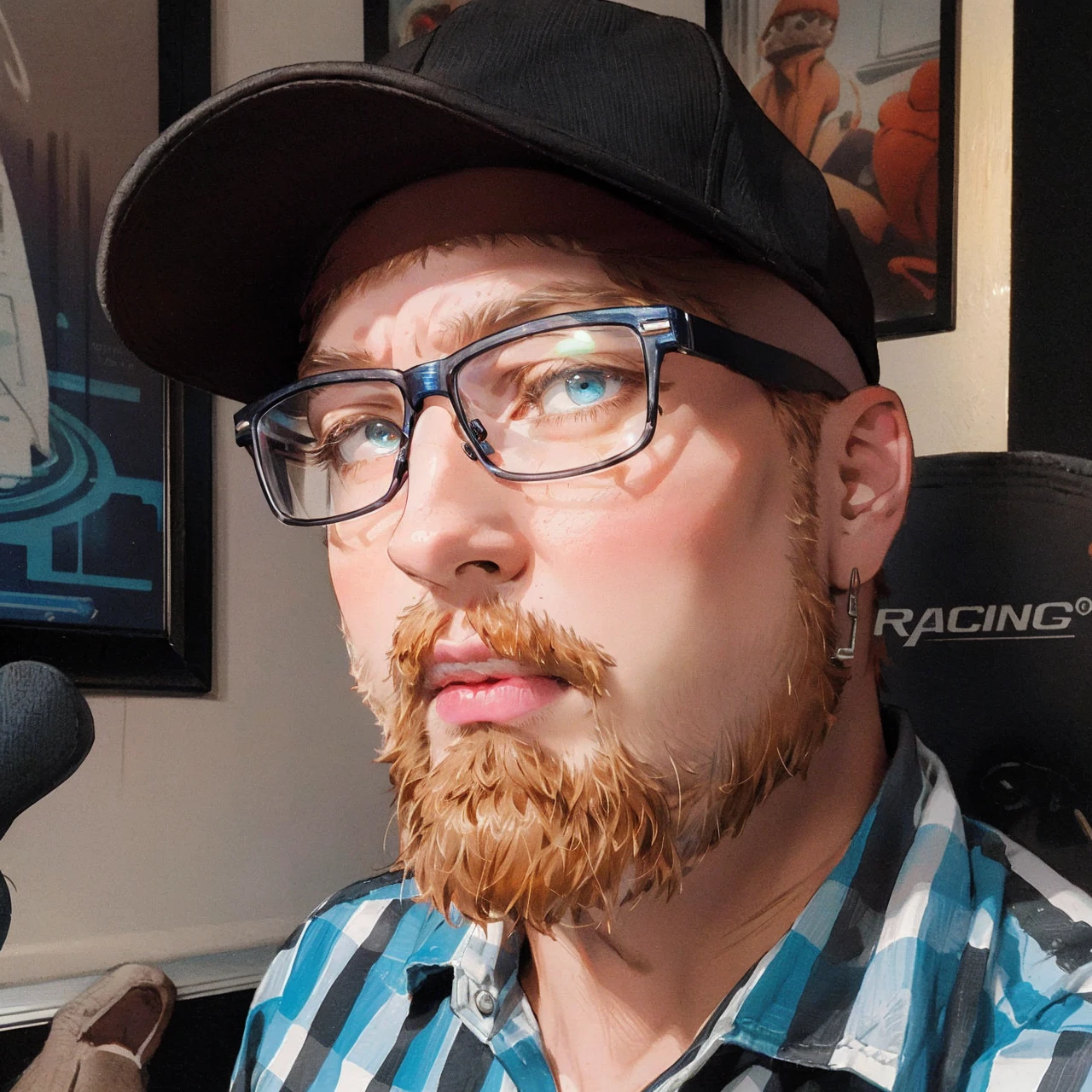 upper body, happy male streamer, small red beard, ginger beard, black ball cap, thick frame glasses, colorful clothes , quirky, vibrant appearance,  playful accessories, creative behavior, spontaneous, dj headphones, gaming pc, neon lighting, gamer room, streamer lights, anime figures on shelf in background, nery stuff, highest quality, skin texture, intricate details, (cinematic lighting), RAW photo, 8