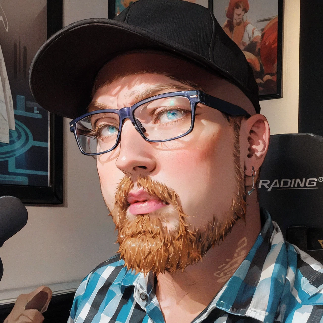 upper body, happy male streamer, small red beard, ginger beard, black ball cap, thick frame glasses, colorful clothes , quirky, vibrant appearance, playful accessories, creative behavior, spontaneous, dj headphones, gaming pc, neon lighting, gamer room, streamer lights, anime figures on shelf in background, nery stuff, highest quality, skin texture, intricate details, (cinematic lighting), RAW photo, 8