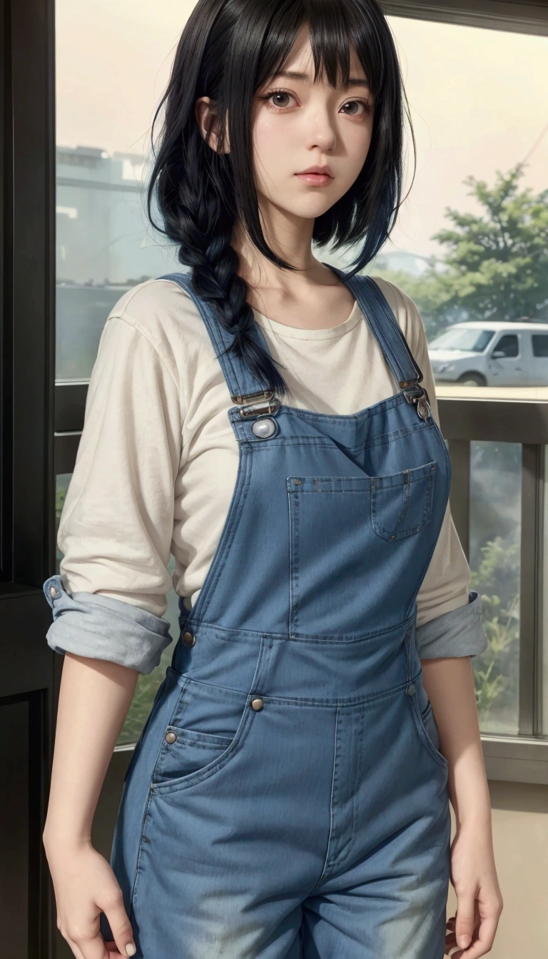 anime girl with black hair and blue overalls standing in front of a window, marin kitagawa fanart, makoto shinkai style, wearing overalls, makoto shinkai ( apex legends ), blue overalls, hinata hyuga, 🤤 girl portrait, makoto shinkai art style, female protagonist 👀 :8, artist wearing overalls, as an anime character