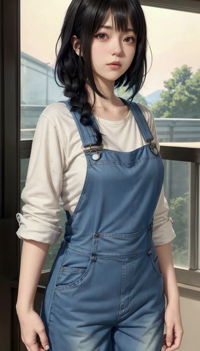 anime girl with black hair and blue overalls standing in front of a window, marin kitagawa fanart, makoto shinkai style, wearing overalls, makoto shinkai ( apex legends ), blue overalls, hinata hyuga, 🤤 girl portrait, makoto shinkai art style, female protagonist 👀 :8, artist wearing overalls, as an anime character