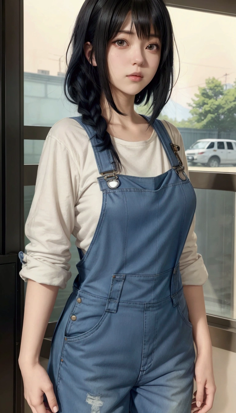 anime girl with black hair and blue overalls standing in front of a window, marin kitagawa fanart, makoto shinkai style, wearing overalls, makoto shinkai ( apex legends ), blue overalls, hinata hyuga, 🤤 girl portrait, makoto shinkai art style, female protagonist 👀 :8, artist wearing overalls, as an anime character