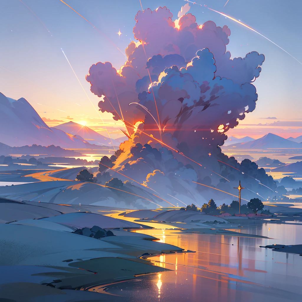 Create a breathtaking scene of a fantasy world where the sky is an enchanting mix of anime and realistic art styles. The dawn sky is a canvas of rich purples and golds, merging seamlessly into the deep blue of the receding night. A radiant comet with a long, sparkling tail streaks across the sky, its trajectory suggesting a quest filled with longing and nostalgia (hiraeth). The comet's glow reflects on the calm surface of a serene lake below, surrounded by lush, fantastical flora that emit a soft, otherworldly light. Majestic mountains in the distance are tinged with the first light of dawn, completing the 4K, ultra HD masterpiece.