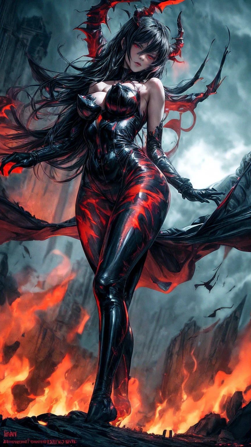 Storyboard, masterpiece, highest quality, dragonlady queen, perfect demoness, long legs, hourglass figure, curvy hips, bright red glowing eyes, detailed eyes (1.4), scars on face, villainous expression, flaming skin body with bioluminescent glowing pattern, ready for battle, blurred stormy background, dark atmosphere, lighting in background,full body,