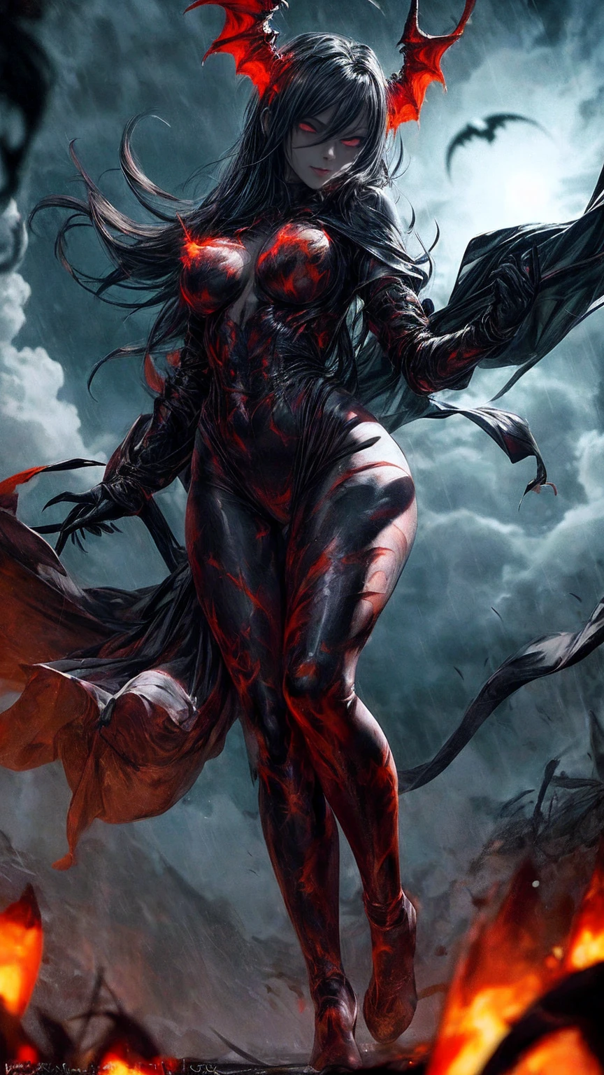 Storyboard, masterpiece, highest quality, dragonlady queen, perfect demoness, long legs, hourglass figure, curvy hips, bright red glowing eyes, detailed eyes (1.4), scars on face, villainous expression, flaming skin body with bioluminescent glowing pattern, ready for battle, blurred stormy background, dark atmosphere, lighting in background,full body,