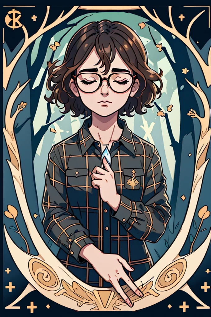 tarot, card, bzl_test, short curly brown hair, glasses, flannel shirt, forest background, closed eyes || masterpiece, perfect quality, sharp focus, shallow depth of field, 8k