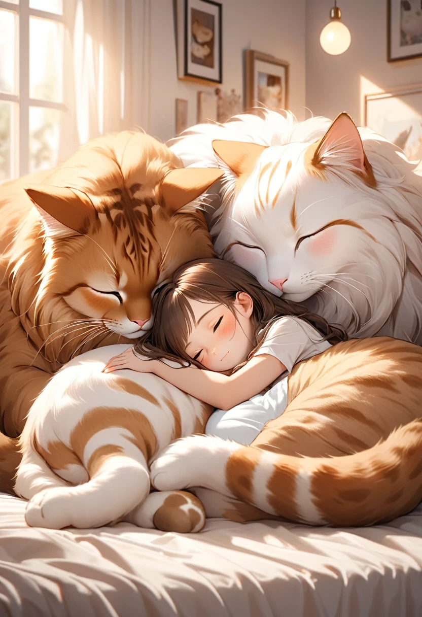 cute giant cat and  cute girl,  (cat bigger than the girl):1.5, giant fluffy adorable cat, leaning and sleeping side by side together on the bed, girl and cat happy full atmosphere, highly detailed, cinematic lighting, complex Detailed, warm colors, dreamy, soft focus, 8k, top quality, photorealistic
