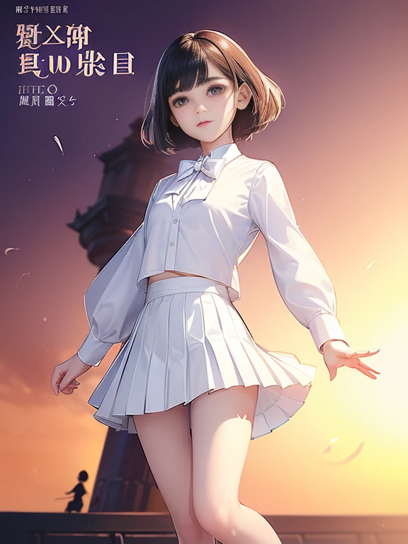 (masterpiece、Highest quality:1.7)、(12 years old:1.5)、(Full body shot:1.7)、((Bobcut、Black Hair))、85mm、16K、Official Art、RAW Photos、Best Beautiful Faces、Close-up、Violet、Gardenia、((The best beautiful girl、very cute))、Red blush on cheeks、((indoor))、(Are standing:1.8)、Film Grain、Chromatic Aberration、Sharp Focus、(((Nice hands、Perfect hands、Perfect Fingers、Thin and delicate fingers、A perfect body without flaws)))、Detailed face、(Slender body:1.5)、(Slim upper body:1.1)、(Small and flat bust:1.7)、(Narrow thighs:1.3)、(Let your bangs hang down:1.8)、(Blushing:1.8)、(Low contrast lighting:1.4)、(襟t付きのwhiteタイトビジネスブラウス:1.5)、((white)Bowtie blouse:1.5)、(Long sleeve: 1.4)、(Very short length(white)Pleated mini skirt:1.8)、(Cover your chest with your palms:1.7),(The wind is blowing up her skirt:1.8),(Low angle from below:1.8)
