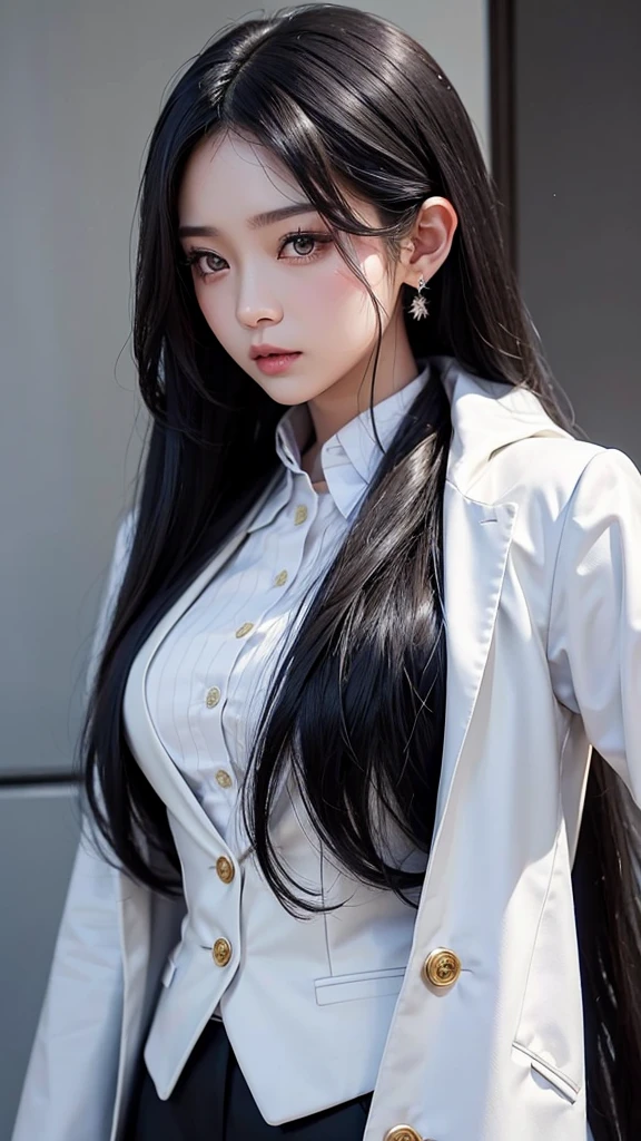 สาวสวยTwo meter long hair, long black hair, wear a suit, wear a suit over it., Turn off all buttons., (เสื้อเชิ้ตwhite), (Thai women&#39;necktieสีดำ), (military rank insignia), (กระโปรงสั้นwhite), tight, (Dynamic posts), full body, (big breasts, Thin body, small waist, hips raised, small thighs, Long legs), A gigantic rift, high-heelsสีดำ, business woman, beautiful woman, Wear a suit and tie., Short skirt, busines suitwhite, กระโปรงดินสอสั้นwhite, busines suitรัดรูป, All white outfit, Emphasize the curves of the body, (สาวสวยTwo meter long hair, my hair is very long., extra long hair, long black hair), busines suit, (Italian style suit, two button suit), (italian dress, white สูท, Set of two buttons), (Women's Suit, women&#39;s business suit, white), (สูทผู้หญิงwhite), (เสื้อเชิ้ตwhite), necktie, (necktieสั้นสีดำ, necktieสีดำ, necktieผอม, ถักnecktie), (military rank insignia), (Short pencil skirtwhite), (Dynamic posts), full body, (A gigantic rift), (big breasts, Thin body, small waist, hips raised, small thighs, Long legs), high-heelsสีดำ, (Short pencil skirt, white), Wearing a suit for a business woman, (Wearing a white businesสูท, busines suitหญิงwhite), (tight, military regalia, เสื้อwhite, กระโปรงwhite), Long legs, (black shoes), (Two gold สูท buttons, Two meter long hair, Form-fitting suit, เสื้อสูทwhiteทรงธรรมดารัดรูป), (black shoes, high-heels), (stand, walk, elegant posture, Dynamic posts), short dress, earring, garden, modeling, ภาพfull body, เหมือนfull body