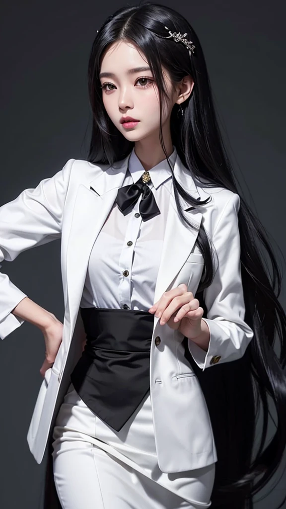 สาวสวยTwo meter long hair, long black hair, wear a suit, wear a suit over it., Turn off all buttons., (เสื้อเชิ้ตwhite), (Thai women&#39;necktieสีดำ), (military rank insignia), (กระโปรงสั้นwhite), tight, (Dynamic posts), full body, (big breasts, Thin body, small waist, hips raised, small thighs, Long legs), A gigantic rift, high-heelsสีดำ, business woman, beautiful woman, Wear a suit and tie., Short skirt, busines suitwhite, กระโปรงดินสอสั้นwhite, busines suitรัดรูป, All white outfit, Emphasize the curves of the body, (สาวสวยTwo meter long hair, my hair is very long., extra long hair, long black hair), busines suit, (Italian style suit, two button suit), (italian dress, white สูท, Set of two buttons), (Women's Suit, women&#39;s business suit, white), (สูทผู้หญิงwhite), (เสื้อเชิ้ตwhite), necktie, (necktieสั้นสีดำ, necktieสีดำ, necktieผอม, ถักnecktie), (military rank insignia), (Short pencil skirtwhite), (Dynamic posts), full body, (A gigantic rift), (big breasts, Thin body, small waist, hips raised, small thighs, Long legs), high-heelsสีดำ, (Short pencil skirt, white), Wearing a suit for a business woman, (Wearing a white businesสูท, busines suitหญิงwhite), (tight, military regalia, เสื้อwhite, กระโปรงwhite), Long legs, (black shoes), (Two gold สูท buttons, Two meter long hair, Form-fitting suit, เสื้อสูทwhiteทรงธรรมดารัดรูป), (black shoes, high-heels), (stand, walk, elegant posture, Dynamic posts), short dress, earring, garden, modeling, ภาพfull body, เหมือนfull body