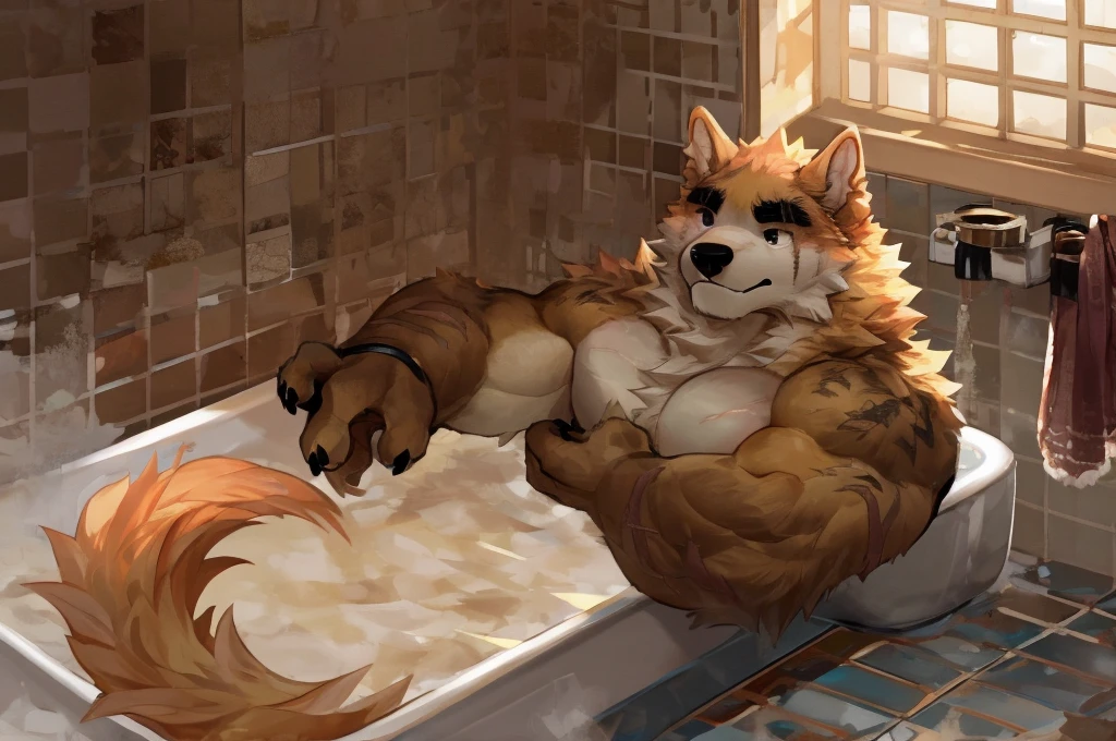 Copper RTF, masterpiece, best quality, Absurd answer, By Qingshan, cooperrtf，hairy, dog, male, muscular, Solitary,Black pupil, black eyes, Thick eyebrows, Orange fur, Brown fur, (Scars on eyes:0.9), Fluffy, Tail, bath，Backlight