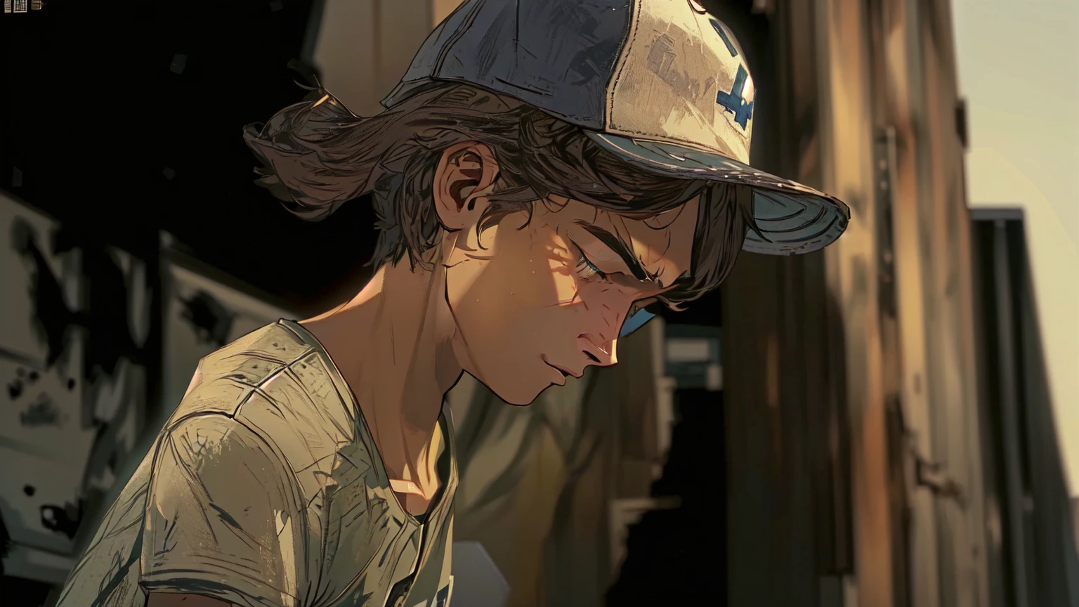 arafed young man in a baseball cap looking down at a cell phone, telltale games style, video game cutscene, hd screenshot, telltale style, super realistic”, hd remaster, uhd character details, character close up, wears a destroyed hat, ultra realistic”, ultra realistic ”, in the walking dead, high detail iconic character, next gen