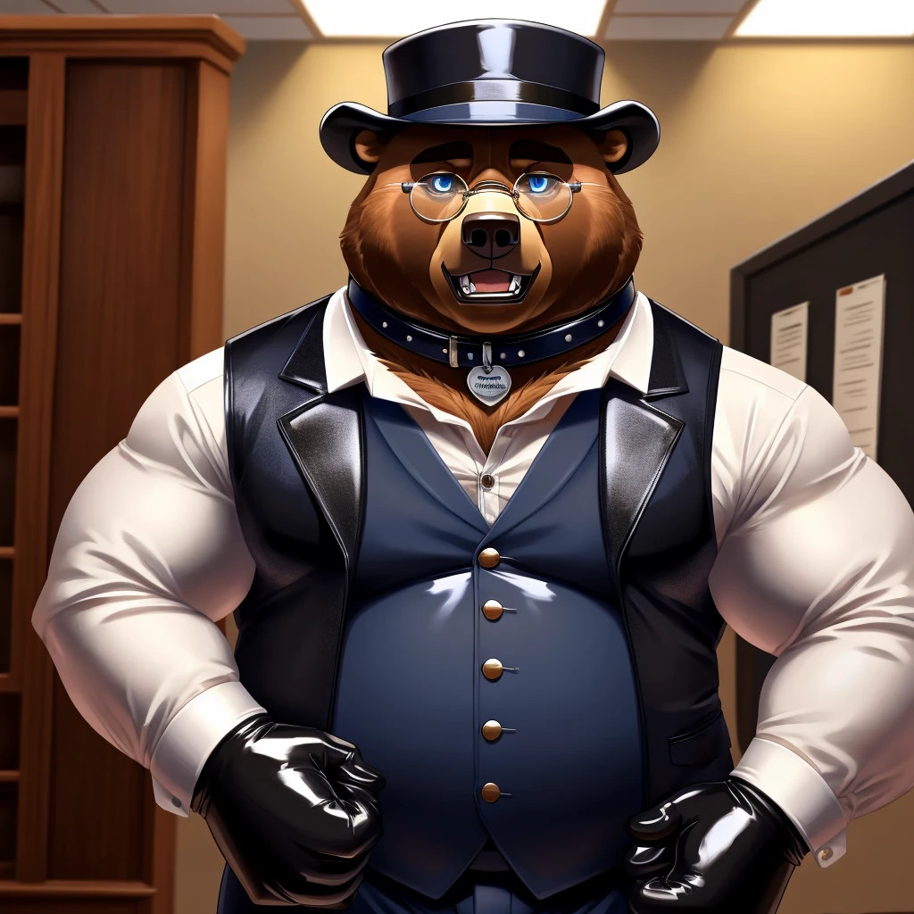 Solo, Male, fat, extremely obese, gentleman, dapper Professor Bear, mob boss, blue eyes, (posing:1.3), (soft shading), 4k, hi res, ((detailed face, detailed)), looking at viewer, mouth wide open, dapper clothing, collared shirt with buttons, bowler hat, male focus, Explorer Outfit, glasses, monocle, vest with buttons, sleeves rolled up, round eyewear, brown headwear, brown vest, office, Bear is wearing a glossy leather dog collar around the neck, Bear is wearing the leather collar and shirt and vest at the same time, Bear is wearing glossy white rubber gloves on the hands, wearing white rubber gloves on the feet, gloves are rubber in texture, clenching teeth, clenching fists, leather collar is glossy and shiny with a lot of detail, Bear is wearing gloves and leather collar at the same time, leather collar has a round dog-tag, leather collar is thick and detailed, leather collar is glossy and shiny, fancy clothing, dapper vest, dapper shirt, leather collar is thick, glossy leather collar.