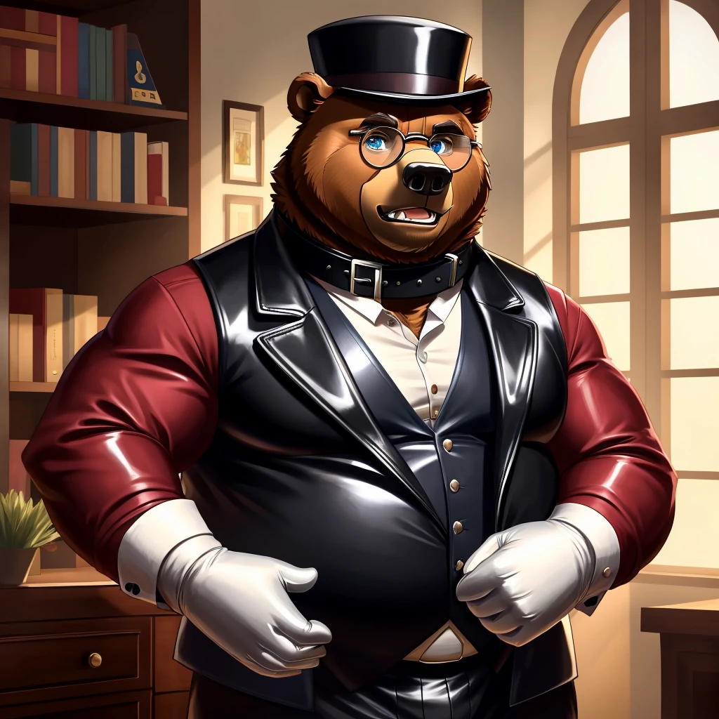 Solo, Male, fat, extremely obese, gentleman, dapper Professor Bear, mob boss, blue eyes, (posing:1.3), (soft shading), 4k, hi res, ((detailed face, detailed)), looking at viewer, mouth wide open, dapper clothing, collared shirt with buttons, bowler hat, male focus, Explorer Outfit, glasses, monocle, vest with buttons, sleeves rolled up, round eyewear, brown headwear, brown vest, office, Bear is wearing a glossy leather dog collar around the neck, Bear is wearing the leather collar and shirt and vest at the same time, Bear is wearing glossy white rubber gloves on the hands, wearing white rubber gloves on the feet, gloves are rubber in texture, clenching teeth, clenching fists, leather collar is glossy and shiny with a lot of detail, Bear is wearing gloves and leather collar at the same time, leather collar has a round dog-tag, leather collar is thick and detailed, leather collar is glossy and shiny, fancy clothing, dapper vest, dapper shirt, leather collar is thick, glossy leather collar.