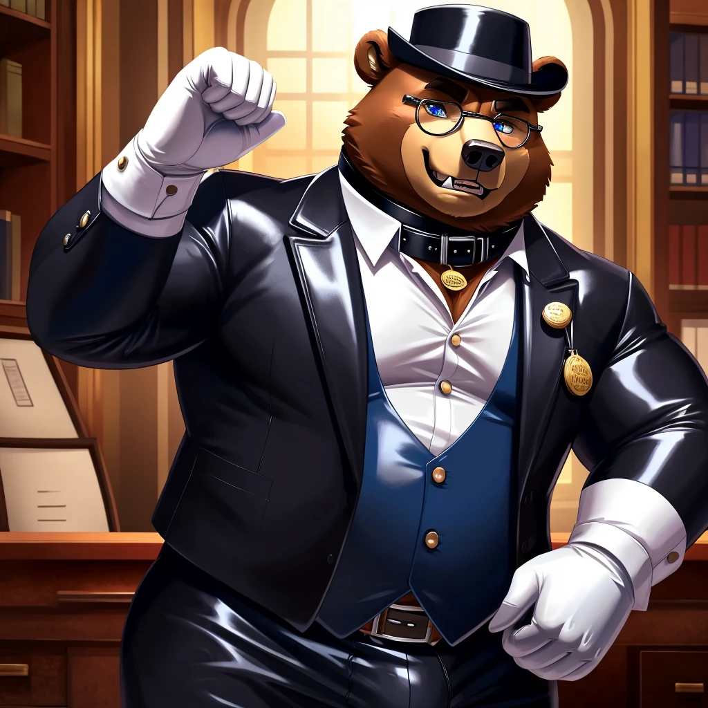 Solo, Male, fat, extremely obese, gentleman, dapper Professor Bear, mob boss, blue eyes, (posing:1.3), (soft shading), 4k, hi res, ((detailed face, detailed)), looking at viewer, mouth wide open, dapper clothing, collared shirt with buttons, bowler hat, male focus, Explorer Outfit, glasses, monocle, vest with buttons, sleeves rolled up, round eyewear, brown headwear, brown vest, office, Bear is wearing a glossy leather dog collar around the neck, Bear is wearing the leather collar and shirt and vest at the same time, Bear is wearing glossy white rubber gloves on the hands, wearing white rubber gloves on the feet, gloves are rubber in texture, clenching teeth, clenching fists, leather collar is glossy and shiny with a lot of detail, Bear is wearing gloves and leather collar at the same time, leather collar has a round dog-tag, leather collar is thick and detailed, leather collar is glossy and shiny, fancy clothing, dapper vest, dapper shirt, leather collar is thick, glossy leather collar.