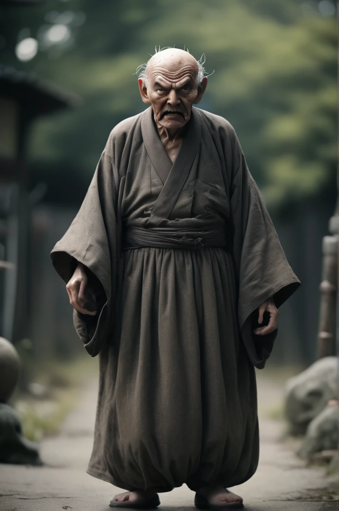 Full Body Shot、Horror-themed movie stills,Brings along a ton of monsters、Calm, big-headed old man,(Head size 1:4) (Full body portrait:1.3), (Detailed old man evil face:1.4), Wearing loose Japanese clothing, Shallow depth of field, Vignette, Very detailed, High budget, Bokeh, CinemaScope, Sulky, amazing, nice, Film Grain, granular . Creepy, Anxious, dark, Creepyな, Suspenseful, strict, Very detailed