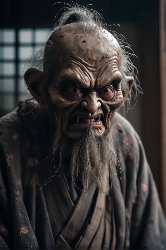 Full Body Shot、Horror-themed movie stills,Brings along a ton of monsters、Calm, big-headed old man,(Head size 1:4) (Full body portrait:1.3), (Detailed old man evil face:1.4), Wearing loose Japanese clothing, Shallow depth of field, Vignette, Very detailed, High budget, Bokeh, CinemaScope, Sulky, amazing, nice, Film Grain, granular . Creepy, Anxious, dark, Creepyな, Suspenseful, strict, Very detailed