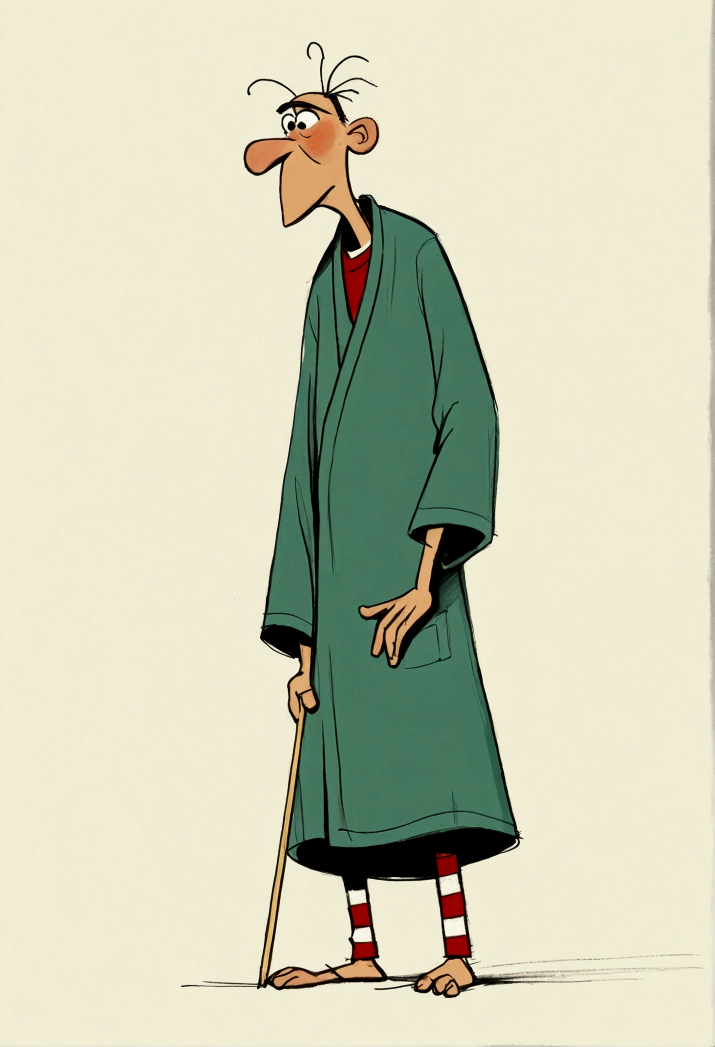 (((Exaggerated digital character sketches:1.37,Matchstick Men))).(1 Old man in a robe,Hunched over,rickets,(Exaggerated expression,),(Black sketch lines,Loose brushstrokes create the outline,Cartoon Style. Bright colors and simplified lines, sketch)。(Exaggerated body movements),(Large area of blank)