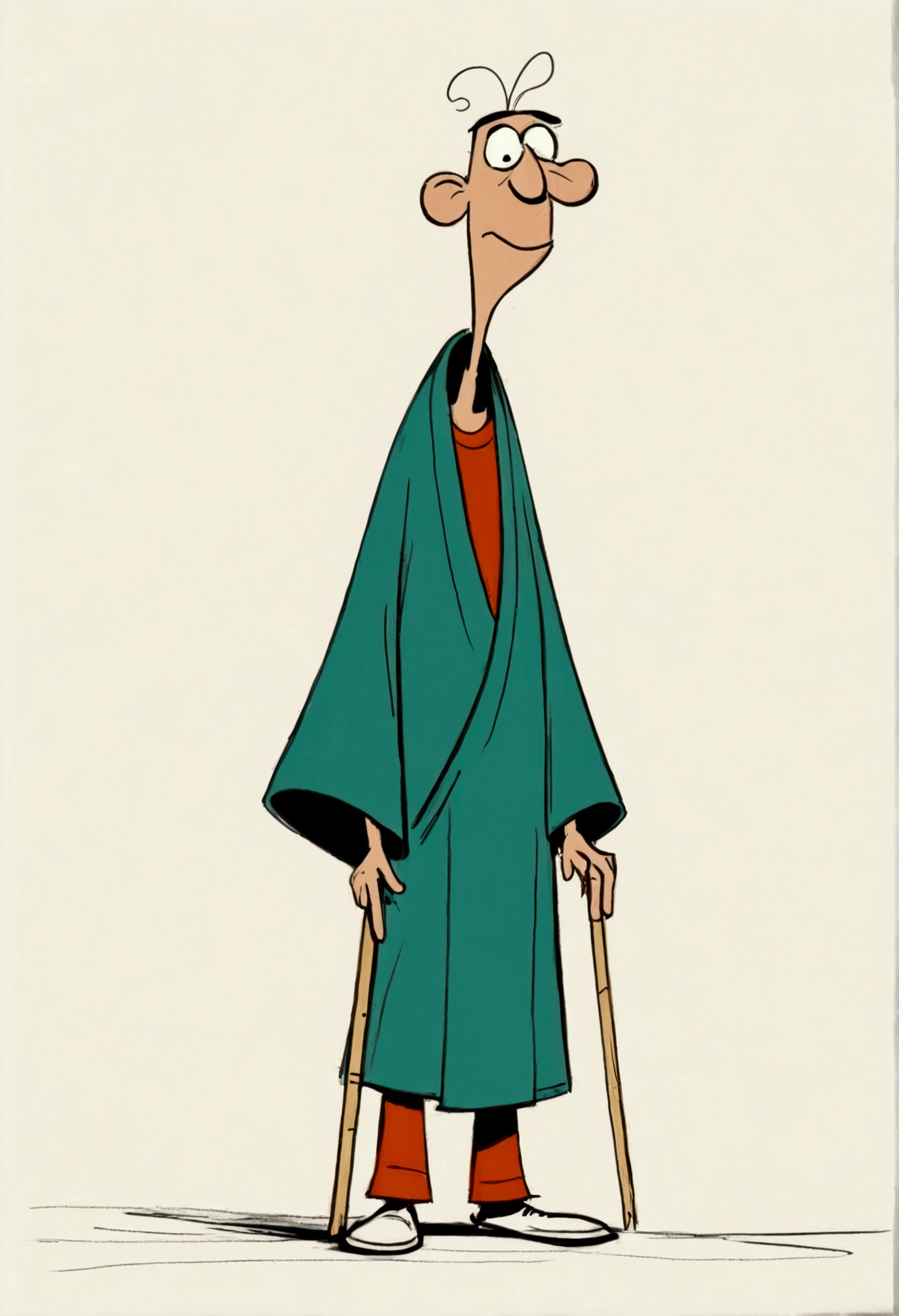 (((Exaggerated digital character sketches:1.37,Matchstick Men))).(1 Old man in a robe,Hunched over,rickets,(Exaggerated expression,),(Black sketch lines,Loose brushstrokes create the outline,Cartoon Style. Bright colors and simplified lines, sketch)。(Exaggerated body movements),(Large area of blank)