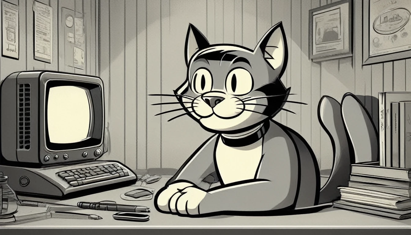 Generate an image in the style of a 1950s and 1960s advertisement featuring:

personagem: cat like the vault boy but a cat in front of a computer.

The background should be simple and uncluttered.
Use only this cores: limited color palette of gray tones
Use: clear lines, thick lines, and bold outlines