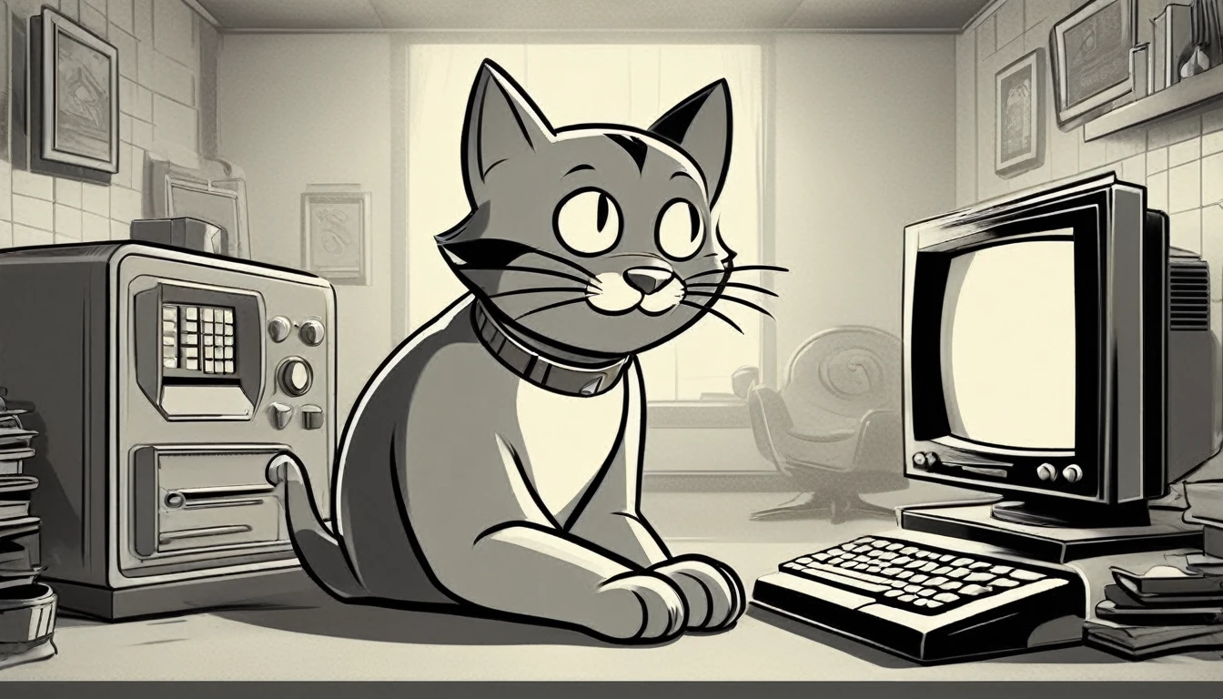 Generate an image in the style of a 1950s and 1960s advertisement featuring:
personagem: cat like the vault boy but a cat in front of a computer.
The background should be simple and uncluttered.
Use only this cores: limited color palette of gray tones
Use: clear lines, thick lines, and bold outlines