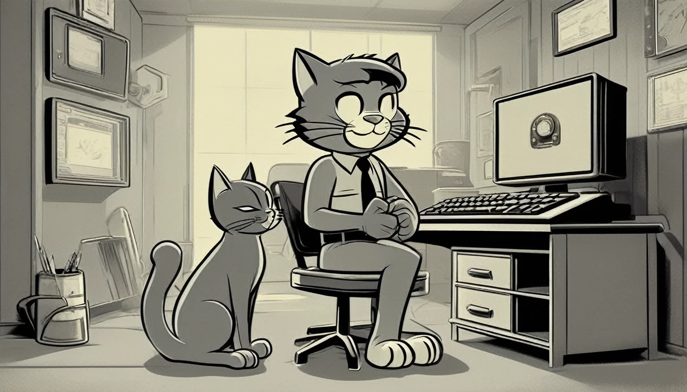 Generate an image in the style of a 1950s and 1960s advertisement featuring:

personagem: cat like the vault boy but a cat in front of a computer.

The background should be simple and uncluttered.
Use only this cores: limited color palette of gray tones
Use: clear lines, thick lines, and bold outlines