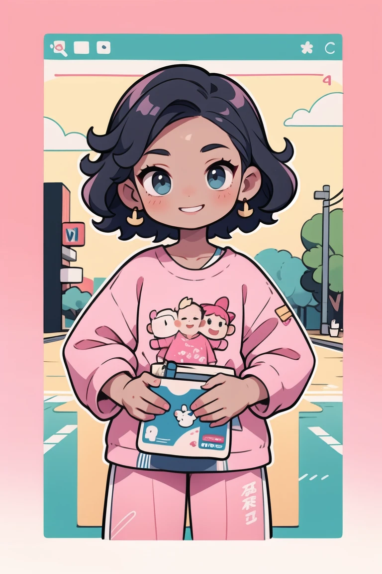a woman with black skin, with very short curly hair like a man, pink clothes written "NS Creating & Embroidering", smiling and advertising some embroidery item