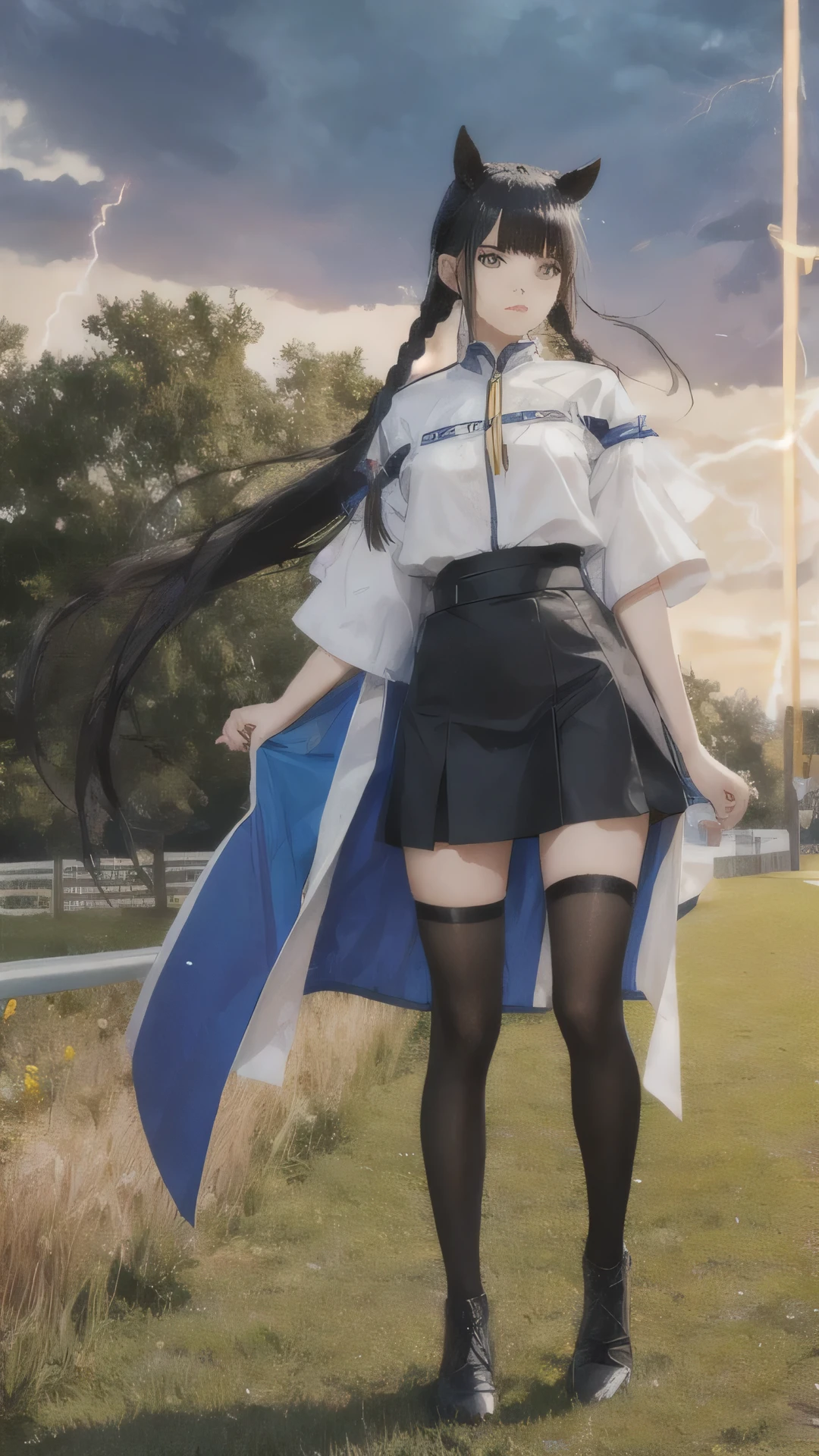 Full Body Focus,Deep Impact personified,The dignity of a king,Horse-eared beauty,Horse tail,Horse Girl,Based on black and yellow、Clothing with a lightning motif,Highest quality,Sharp focus,Blue-black hair,Short hair with side braids