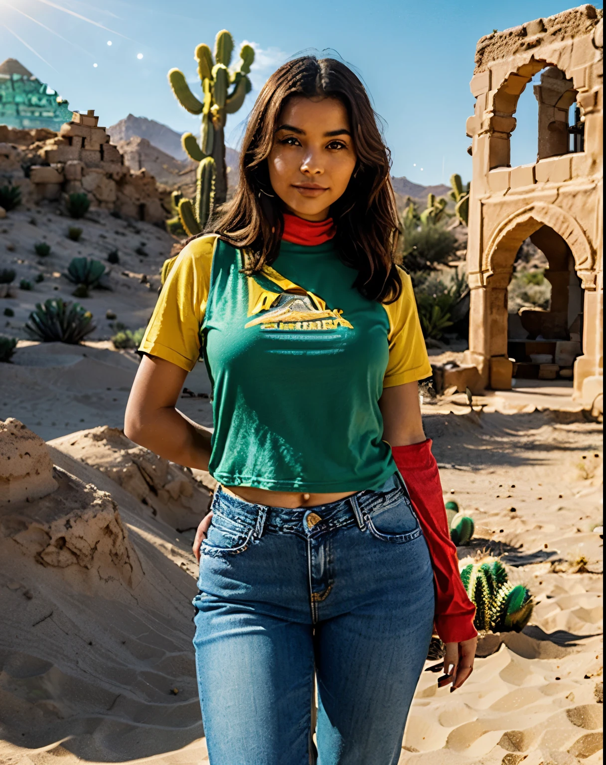 Beautiful Moroccan with dark brown eyes, 28 years old, woman in a blue long jeans, stylish yellow t-shirt, full body view, elegant outfit, , almond-shaped eyes, oval face shape, plus size body, extra large body, XXL body, prominent cheekbones, naturally wavy hair, high resolution, masterpiece, best quality, complex details, highly detailed, sharpness, detailed skin texture, eye details, profession, 4k resolution, charming smile, shot with Conon, depth of field, kodak vision color, extremely detailed, ultra-realistic photography ,photo realistic, post processing, maximum detail, true to life, realistic desert, hot climate, breathtaking sand dunes, shimmering heat waves, captivating sunset, majestic pyramid, silent moonlit night, isolated ancient ruins, distant camel caravan, mysterious oasis, whispering winds, mug wort and cactus, Dramatic light and shadow, harsh and unforgiving landscape, serene and timeless beauty, sands move like liquid gold, unforgettable journey into the unknown