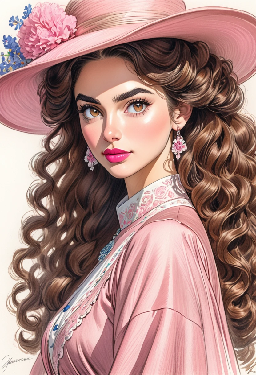 a colored pencil sketch of A beautful jewish women with a thick bushy unibrow and a hooked nose. Thick, intense, curly, frizzy, long brown hair. Traditional dress, sexy luxurious long dress、hat. pink lips