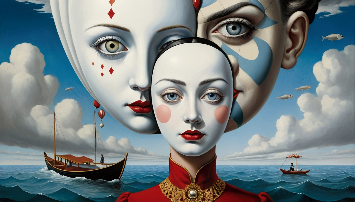 A close up portrait of elegant female humpty with pale white face with eyes looking straight at you. Also a harlequin lady sitting in a boat cuddling a big eyed fish on choppy sea scape by René Magritte. More surrealism and madness. Much more surrealism and crazy designs. With surreal clouds, Salvador Dali clouds coming out of her head. More surrealism and crazy ideas. Like a circus theme.much more surreal designs and electric colours