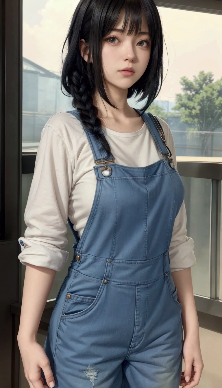 anime girl with black hair and blue overalls standing in front of a window, marin kitagawa fanart, makoto shinkai style, wearing overalls, makoto shinkai ( apex legends ), blue overalls, hinata hyuga, 🤤 girl portrait, makoto shinkai art style, female protagonist 👀 :8, artist wearing overalls, as an anime character , white eyes, big breast 