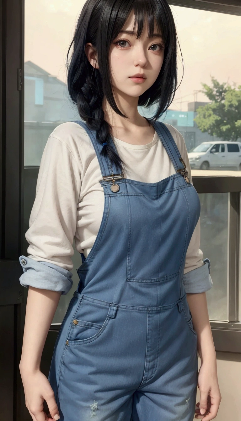 anime girl with black hair and blue overalls standing in front of a window, marin kitagawa fanart, makoto shinkai style, wearing overalls, makoto shinkai ( apex legends ), blue overalls, hinata hyuga, 🤤 girl portrait, makoto shinkai art style, female protagonist 👀 :8, artist wearing overalls, as an anime character , white eyes, big breast