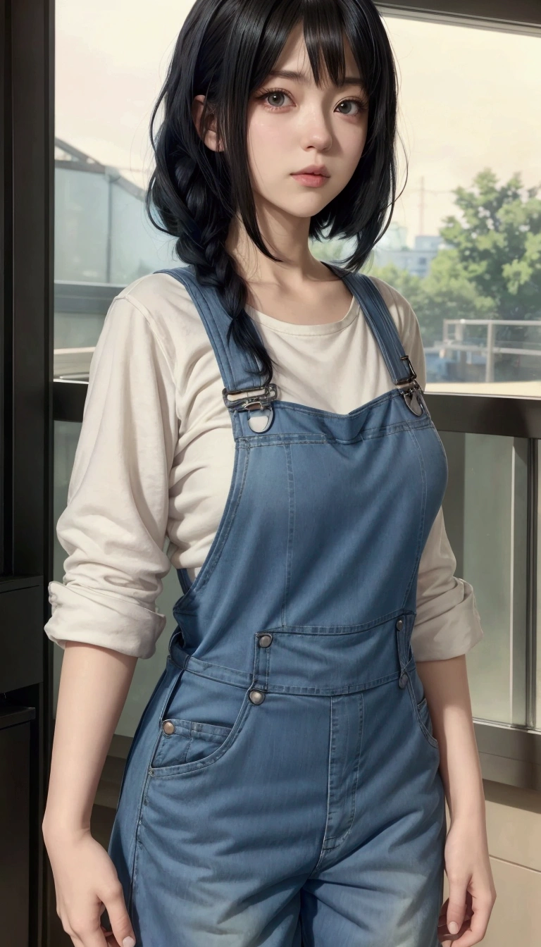 anime girl with black hair and blue overalls standing in front of a window, marin kitagawa fanart, makoto shinkai style, wearing overalls, makoto shinkai ( apex legends ), blue overalls, hinata hyuga, 🤤 girl portrait, makoto shinkai art style, female protagonist 👀 :8, artist wearing overalls, as an anime character , white eyes, big breast 