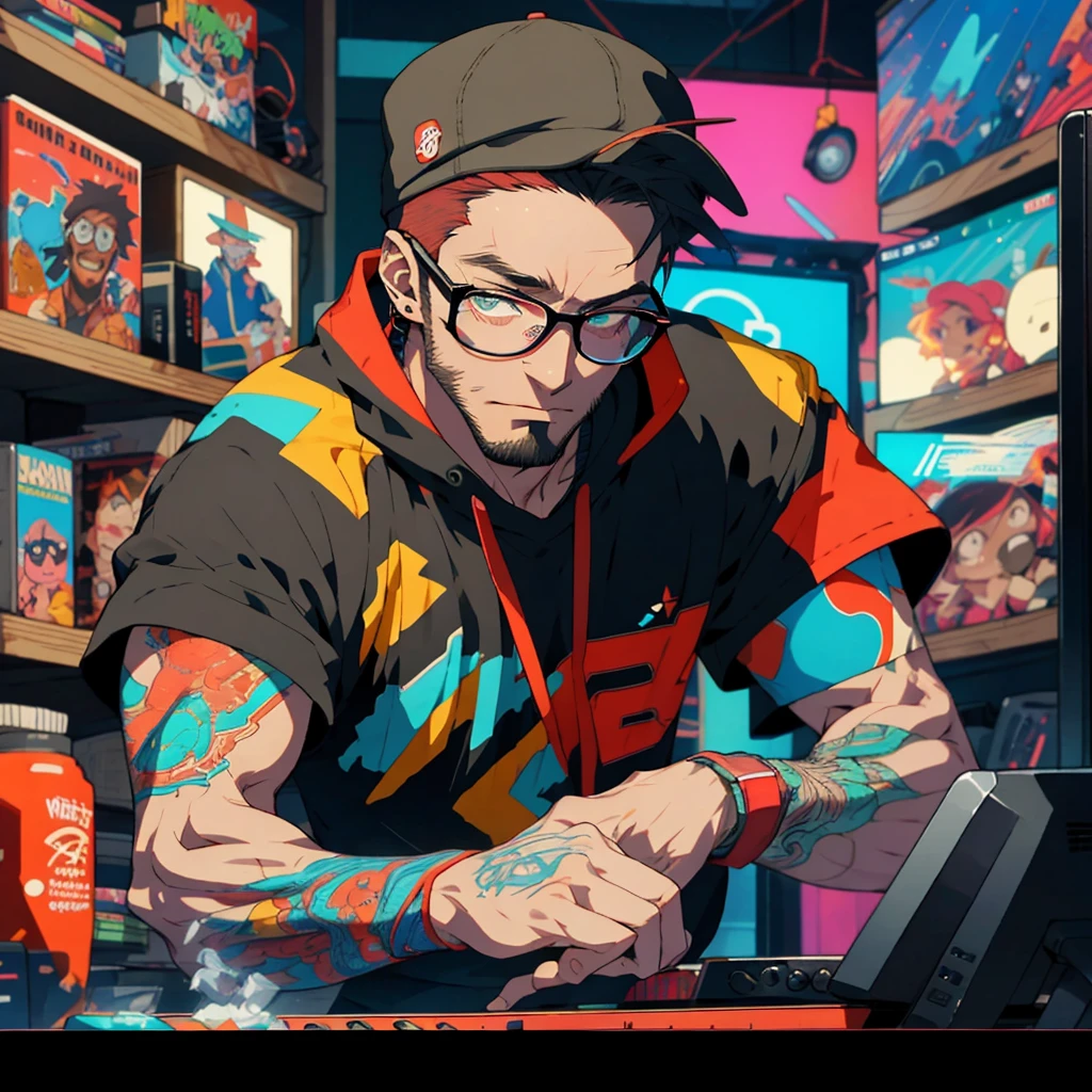 upper body, happy male streamer, small red beard, ginger beard, black ball cap, thick frame glasses, colorful clothes , quirky, vibrant appearance, playful accessories, creative behavior, spontaneous, dj headphones, gaming pc, neon lighting, gamer room, streamer lights, anime figures on shelf in background, nery stuff, highest quality, skin texture, intricate details, (cinematic lighting), RAW photo, 8