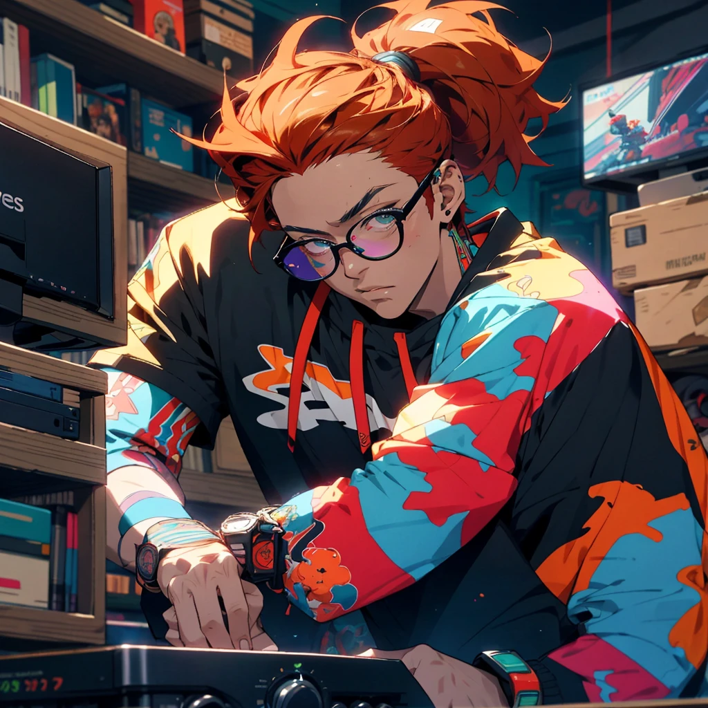 upper body, happy male streamer, small red beard, ginger beard, black ball cap, thick frame glasses, colorful clothes , quirky, vibrant appearance, playful accessories, creative behavior, spontaneous, dj headphones, gaming pc, neon lighting, gamer room, streamer lights, anime figures on shelf in background, nery stuff, highest quality, skin texture, intricate details, (cinematic lighting), RAW photo, 8