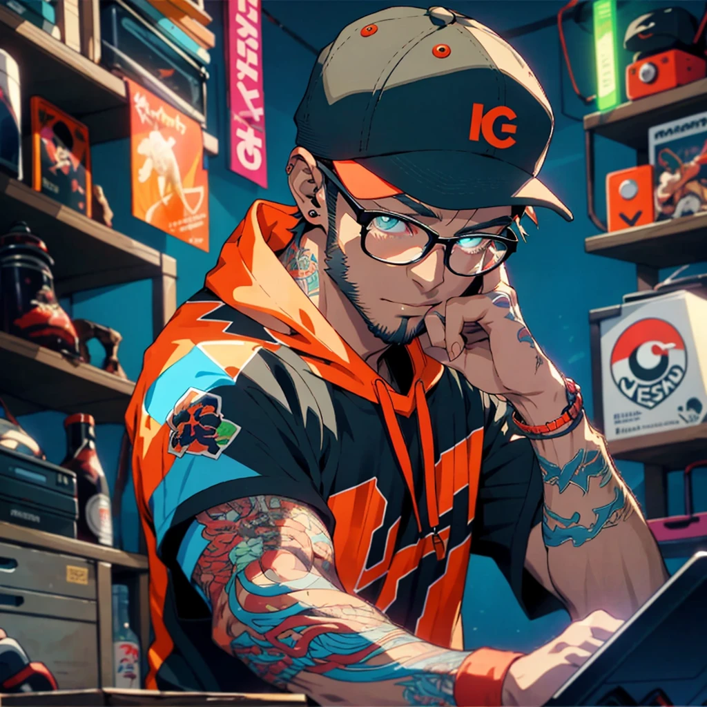 upper body, happy male streamer, small red beard, ginger beard, black ball cap, thick frame glasses, colorful clothes , quirky, vibrant appearance, playful accessories, creative behavior, spontaneous, dj headphones, gaming pc, neon lighting, gamer room, streamer lights, anime figures on shelf in background, nery stuff, highest quality, skin texture, intricate details, (cinematic lighting), RAW photo, 8
