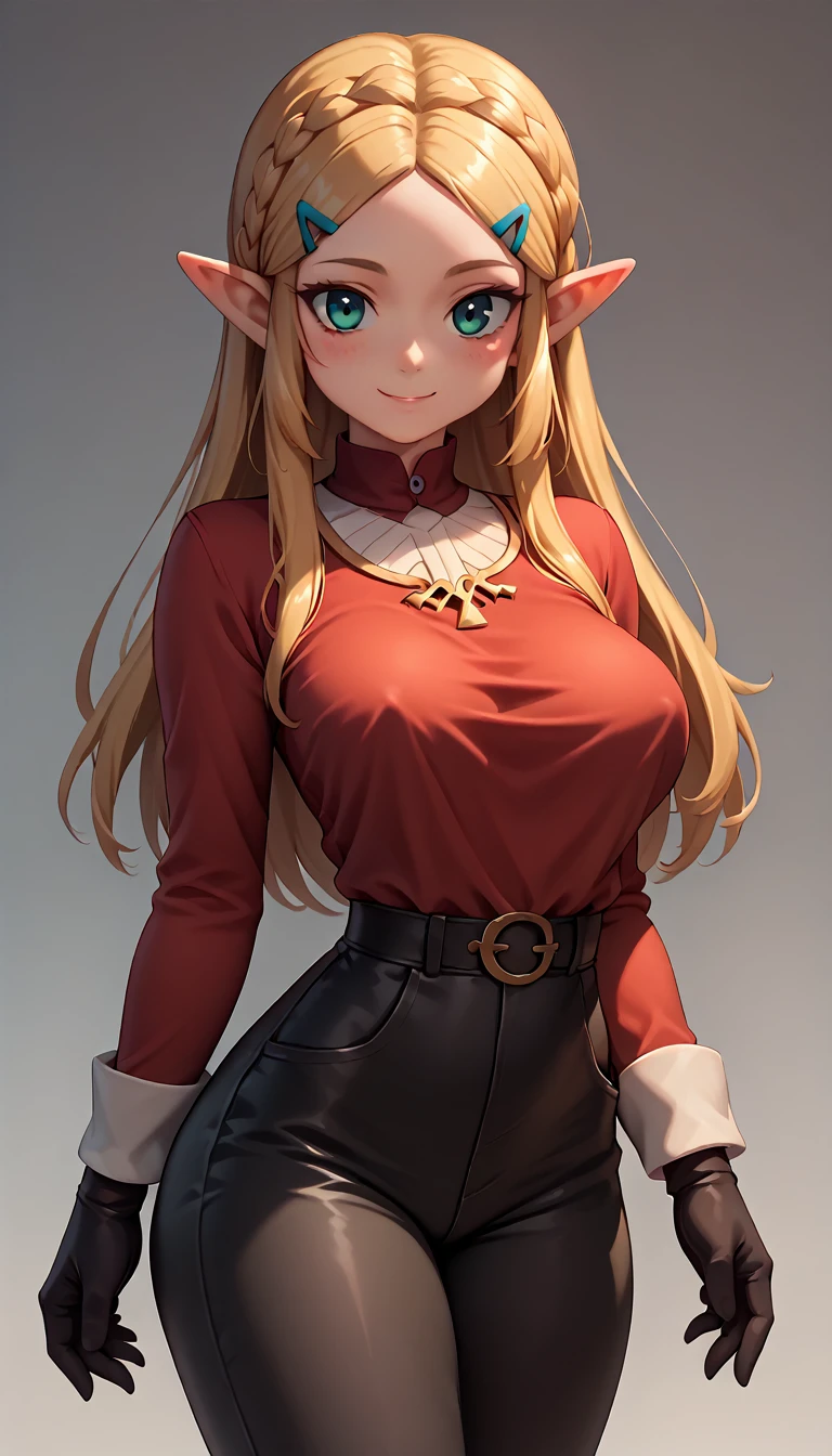High resolution, Very detailed, perfect lighting, beautiful detailed eyes, ((masterpiece,Best Quality)), absurdities, alone, princess zelda, by the width, crown braid, Hair clip, pointy ears, Red shirt, long sleeves, Gloves without fingers, black gloves, Black pants, tight pants, smile, curves, nod, , deep neckline, deep neckline, bare breasts, bare breasts, NSFW, visible nipples, visible nipples, Red shirt