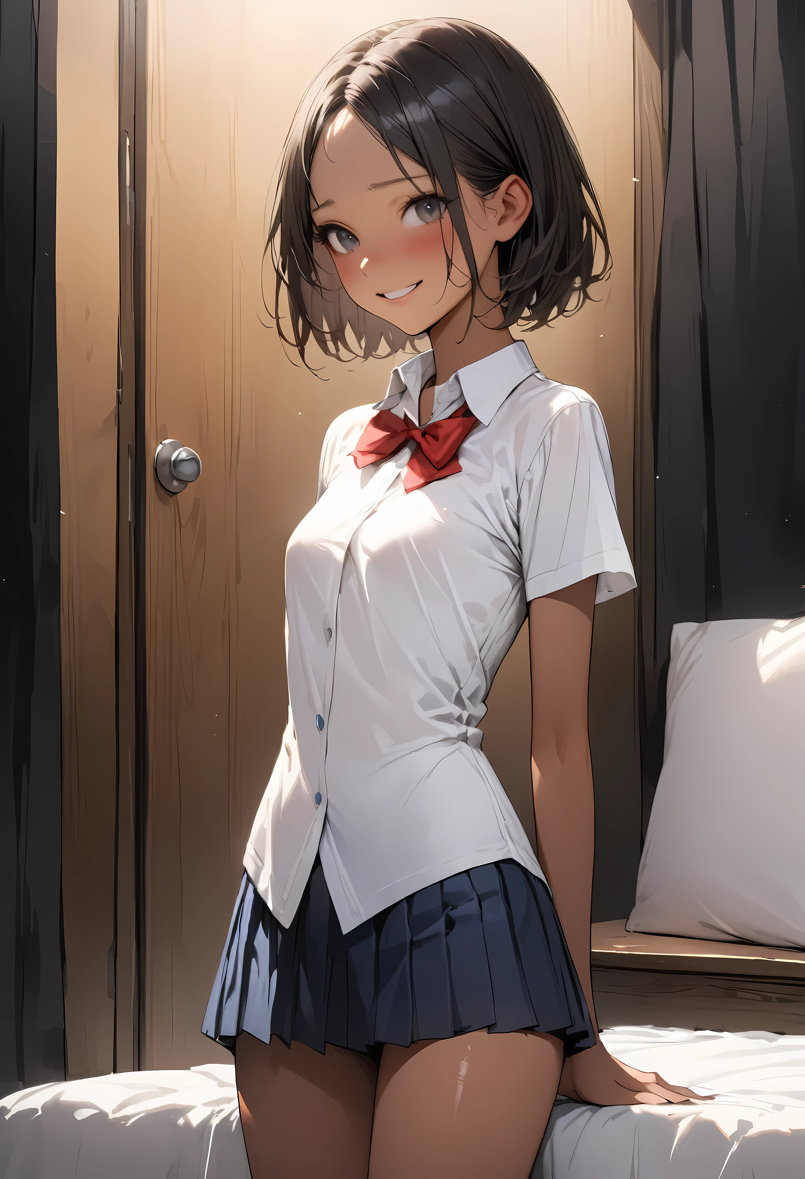 ((masterpiece,Highest quality:1.3,best quality illustration)),((realistic:1.2)),cowboy shot,solo,1woman,18 year old beauty、black hair,short bob hair,(center parted bangs),black eyes,(gorgeous eyes),((very small head:1.3)),shy,smile,((slender body,skinny)),(tan skin:1.4),small breasts,White short-sleeved collared shirt、red bowtie,Navy blue pleated mini skirt),gleaming skin,oily skin,slender body, Simple bed、Simple bedroom、Tokyo、