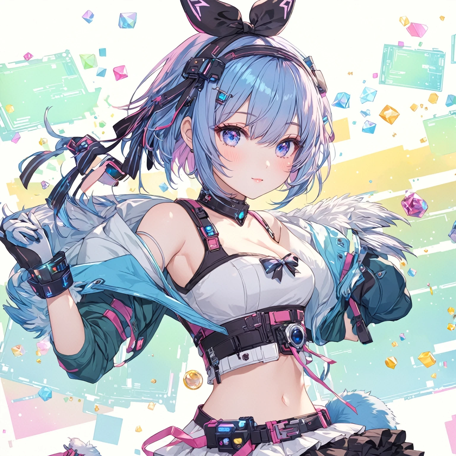 masterpiece, best quality, good quality, Sci-fi Fantasy Aesthetic, Highly detailed, shadowverse style, teen, girl, cute, cat ribbon, hacker, blue hair, short hair, fringe, bang