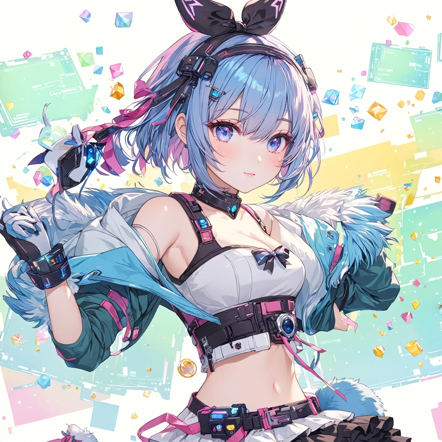 masterpiece, best quality, good quality, Sci-fi Fantasy Aesthetic, Highly detailed, shadowverse style, , girl, cute, cat ribbon, hacker, blue hair, short hair, fringe, bang