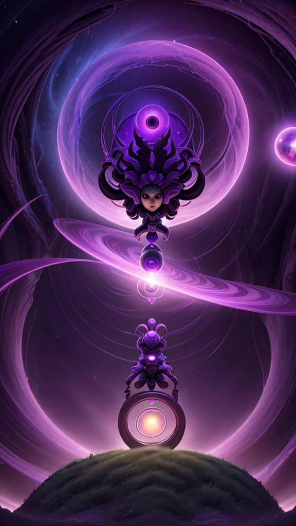 Low angle, Two-headed sorceress dropping purple spiral sphere of power in the middle of a retrofuturistic abyss