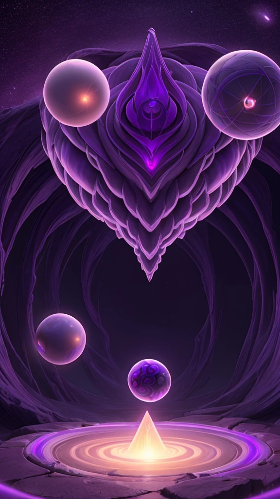 Low angle, Two-headed sorceress dropping purple spiral sphere of power in the middle of a retrofuturistic abyss